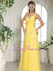 Yellow Straps Chiffon V Neck Prom Dress with Appliques and Ruching
