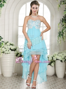 Modest Sweetheart High Low Appliques Aqua Blue Chiffon Prom Dress