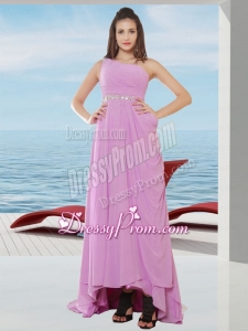 Chiffon Empire One Shoulder Lavender Prom Dress with Ruching and Beading