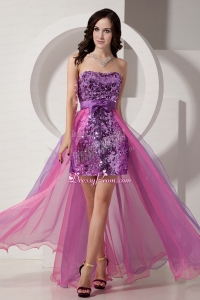 2015 Purple and Pink Column High Low Bow knot Sequins Prom Dress