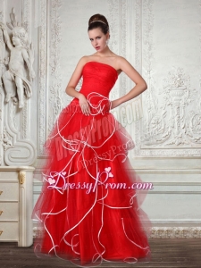 Red Floor Length Strapless Ruching A Line Prom Dress for 2015