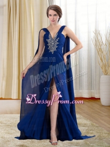 Chiffon Royal Blue Beaded and Ruched Prom Formal Dress with Watteau Train