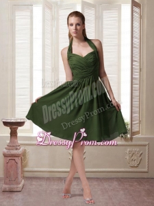 Dark Green Halter Top Chiffon Sleeveless Prom Dress with Ruching