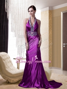 Eggplant Purple Halter Beading and Appliques Prom Dress with Brush Train