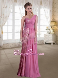 Exclusive Rose Pink Chiffon One Shoulder Column Prom Dress with Floor Length and Beading