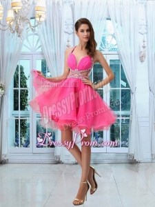 Hot Sale Halter Mini Length Beading Prom Dress in Hot Pink