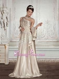 One Shoulder Empire Champagne Prom Dress with Beading