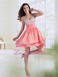 Short A Line Straps Beading Prom Dress in Watermelon Red