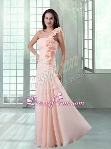 Pink One Shoulder Floor Length Prom Dress with Hand Made Flowers