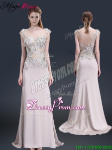 Luxurious Brush Train Cap Sleeves Prom Dresses with Appliques
