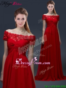 Simple Off the Shoulder Short Sleeves Red Prom Dresses with Applique