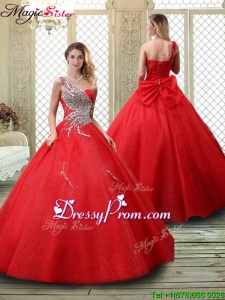 2016 Classical One Shoulder Prom Dresses with Beading in Red