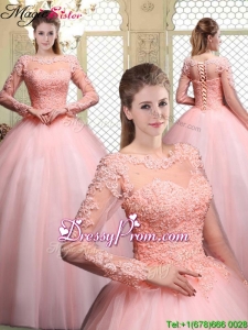 2016 Pretty Bateau Long Sleeves Beading and Appliques Quinceanera Dresses