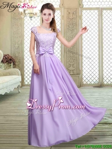 Fashionable Square Cap Sleeves Lavender Prom Dresses On Sale with Belt