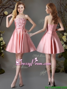 Best Selling Applique and Bowknot Pink Short Dama Dress in Satin