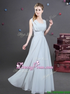 High End Empire Square Grey Long Dama Dress with Ruching