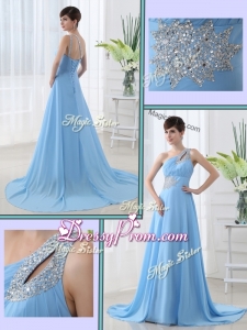 Sweet One Shoulder Brush Train Beading Beautiful Prom Dress with Lace Up