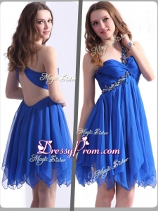 Best One Shoulder Blue Short Clearance Prom Dresses with Beading