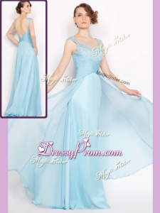 New Style Empire Brush Train Light Blue Best Prom Dresses with Beading