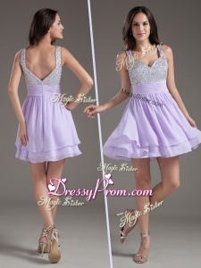 2016 Simple Straps Mini Length Lavender Prom Dress with Beading