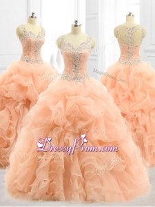 2016 Custom Made Straps Beading and Ruffles Quinceanera Dresses in Peach