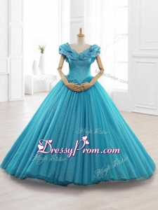 Cap Sleeves Teal In Stock Quinceanera Gowns with Appliques