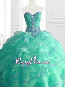 Sweetheart Beading and Ruffles In Stock Quinceanera Gowns in Turquois