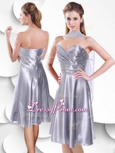 Best Empire Elastic Woven Satin Silver Dama Dress with Beading and Ruching