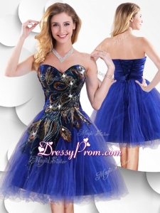 Luxurious Short Peacock Blue Prom Dress with Beading and Appliques