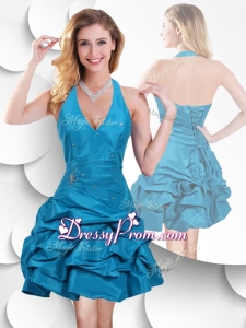 Romantic Halter Top Taffeta Teal Prom Dress with Bubles