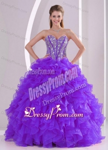 Purple Ball Gown Sweetheart Ruffles and Beading Lace Up Quinceanera Gowns