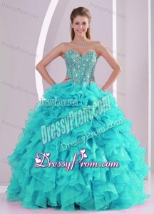 Elegant Turquoise Ball Gown Sweetheart Ruffles and Beaded Decorate Quinceanera Gowns in Sweet 16