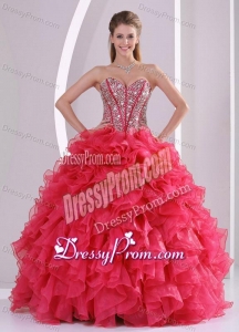 Red Ball Gown Sweetheart Ruffles and Beading Decorate Quinceanera Gowns in Sweet 16