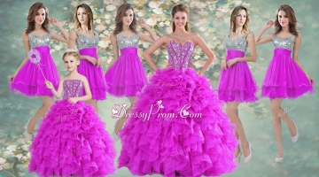 Visible Boning Fuchsia Sweet 16 Gown and Sequined Dama Dresses Beaded and Ruffled Mini Quinceanera Dress