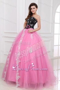 Black and Rose Pink Quinceanera Dress with Beading and Appliques