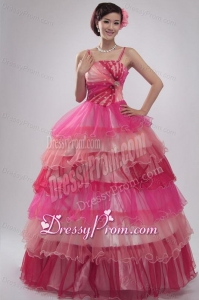 Straps Beading and Ruffles Layered Quinceanera Dress in Pink