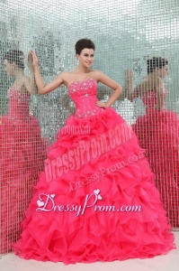 Sweetheart Beading and Ruffles Organza Coral Red Quinceanera Dress
