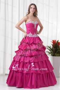 A-line Sweetheart Hot Pink Taffeta Appliques Long Quinceanera Dress