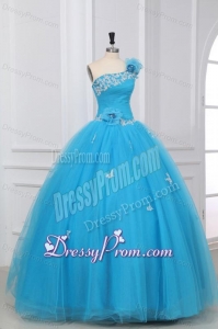 Appliques and Hand Made Flowers One Shoulder Quinceanera Dress in Aqua