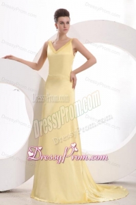 Light Yellow Column V neck Criss Cross Ruching Prom Dress with Brush Train