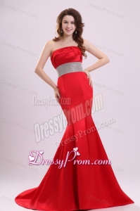 2014 Sexy Strapless Mermaid Beading Brush Train Prom Dress in Red