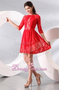 Bateau Lace Fabric Over Skirt Mini-length Prom Dress with Half Sleeves