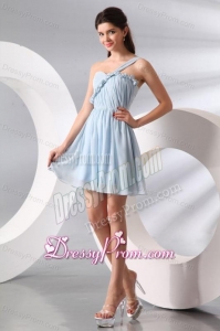 Cute Light Blue One Shoulder Ruching Mini-length Prom Cocktail Dress