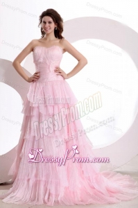 Exquisite A-line Sweetheart Court Train Ruching Pink Prom Dress