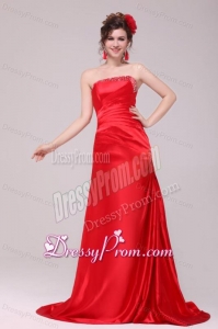 Perfect Column Strapless Brush Train Red Beading and Ruching Prom Dress