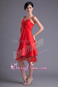 A-line Wine Red Spaghetti Straps Ruching Hand Made Flower Prom Dress