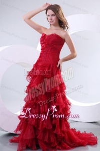 Affordable Princess Sweetheart Brush Train Organza Red Prom Dress