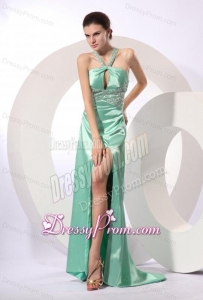 Apple Green Column Brush Train Beading Elegant Criss Cross Elastic Woven Satin Prom Dress with Halter