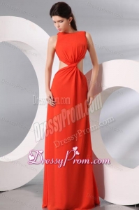 Bateau Coral Red Chiffon Ruche Long Prom Dress with Cut Out