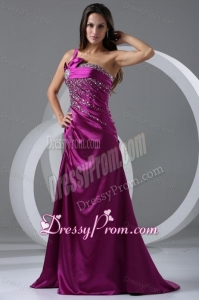 Brush Train Fuchsia A-line One Shoulder Prom Dress with Beading